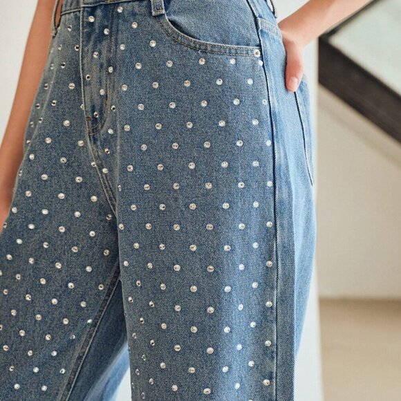 Blue Women's Rhinestone Detail Wide Leg Jeans - Picture 2 of 7
